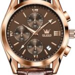 OLEVS Watch for Men Chronograph Brown Leather Gold Case Analog Quartz Fashion Business Dress Large Face Men Watch Day Date Luminous Waterproof Casual Male Wrist Watch Black/Blue/White Dial