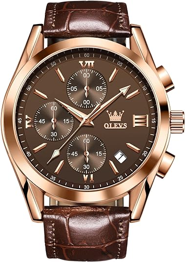 OLEVS Watch for Men Chronograph Brown Leather Gold Case Analog Quartz Fashion Business Dress Large Face Men Watch Day Date Luminous Waterproof Casual Male Wrist Watch Black/Blue/White Dial