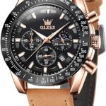 OLEVS Men's Watches, Big Face Wrist Watches with Leather Strap, Quartz Wristwatches Calendar Waterproof Luminous for Male