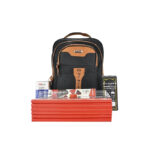 Bag with School Package (6pcs counter book quire 4,1 bag,1 box of 50 pens, 1 box of 10 pencils,oxford mathematical set, 1pc of ruler,1pc of rubber) Black & Orange Colour