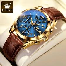 OLEVS Watch for Men Chronograph Brown Leather Gold Case Analog Quartz Fashion Business Dress Large Face Men Watch Day Date Luminous Waterproof Casual Male Wrist Watch Black/Blue/White Dial - Image 2