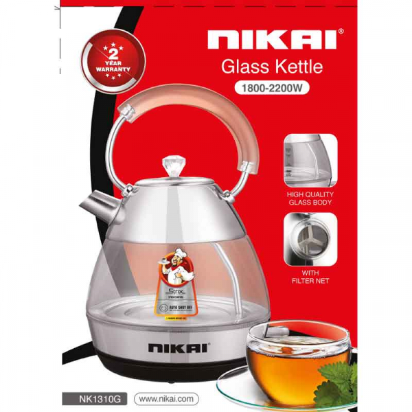 Nikai Kettle Glass Body 1.7L 2200W Strix Control Boil Dry Protection Auto Shut Pyramid Design NK1310G - Image 3