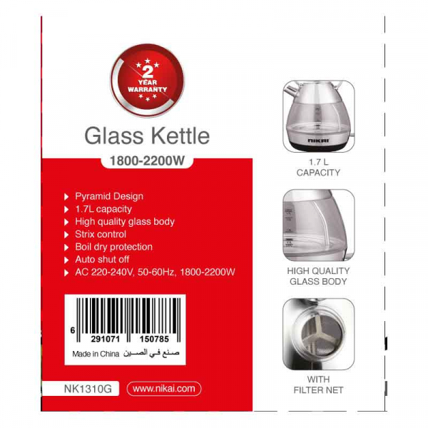 Nikai Kettle Glass Body 1.7L 2200W Strix Control Boil Dry Protection Auto Shut Pyramid Design NK1310G - Image 2