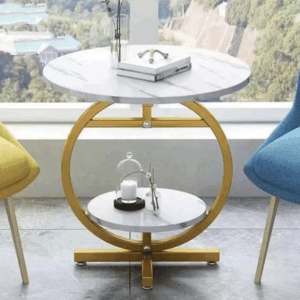 Two-Tier Modern Round Side Table, Marble Top with Gold Circular Frame: YM-061