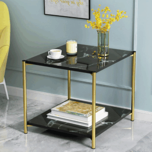 Modern Two-Tier Side Table, Marble Top and Gold Metal Frame Coffee Table: B-219