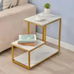 Two-Tier Sofa Side Marble Table with Gold Metal Frame: B-10