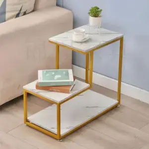 Two-Tier Sofa Side Marble Table with Gold Metal Frame: B-10