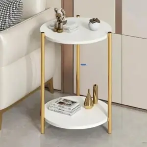 Elegant Two-Tier Round Coffee Table with Marble Top and Gold Metal Frame – A-231