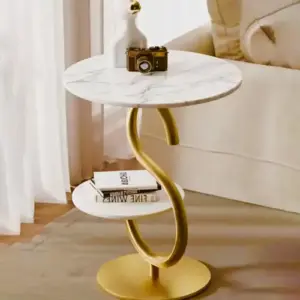 Modern Round Side Table with Lower Storage Shelf and Metal Base: YM-103
